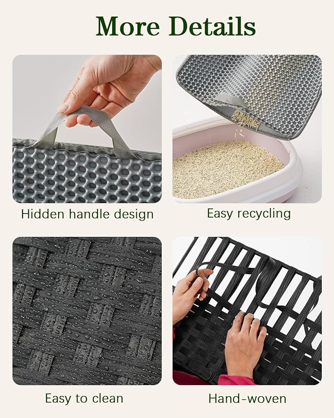 Cat Litter Box Enclosure Furniture, Hidden Litter Box, Cat Litter Box Cabinet with 2 Litter Mats, Handwoven Rattan Large Space Cat House, Indoor for Living Room, Bedroom, Apartment Black