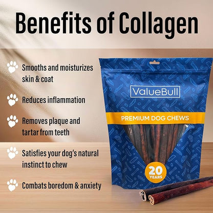 ValueBull Collagen Sticks for Small Dogs, 12 Inch Thin Chews, Natural Dog Treats, 100 Count Bulk Pack - Supports Joints, Skin & Coat with Chondroitin & Glucosamine