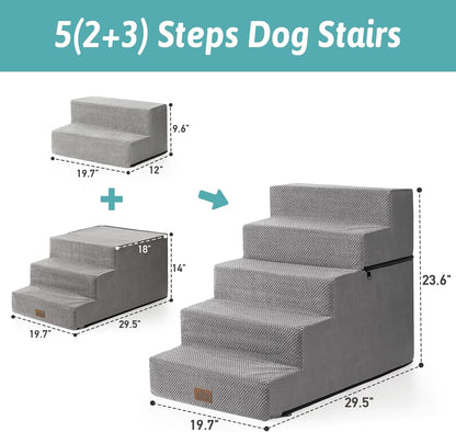 Dog Stairs for Small Dogs, 5 Tier Removable Wider Pet Stairs for Couch and Bed, 23.6" H Non-Slip Dog Steps for Puppies and Old Cats with Support Board, 29.5x19.7x23.6 inch, Grey