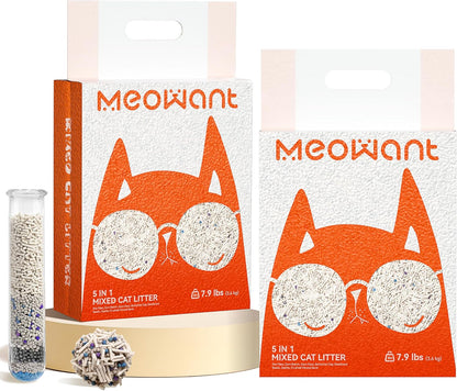 Meowant 5-in-1 Mixed Cat Litter, Natural Bentonite Tofu Clumping Cat Litter, Ultra Absorbent, Fast Clumping, Dust-Free, Odor Control, Flushable, 7.9lbs*2