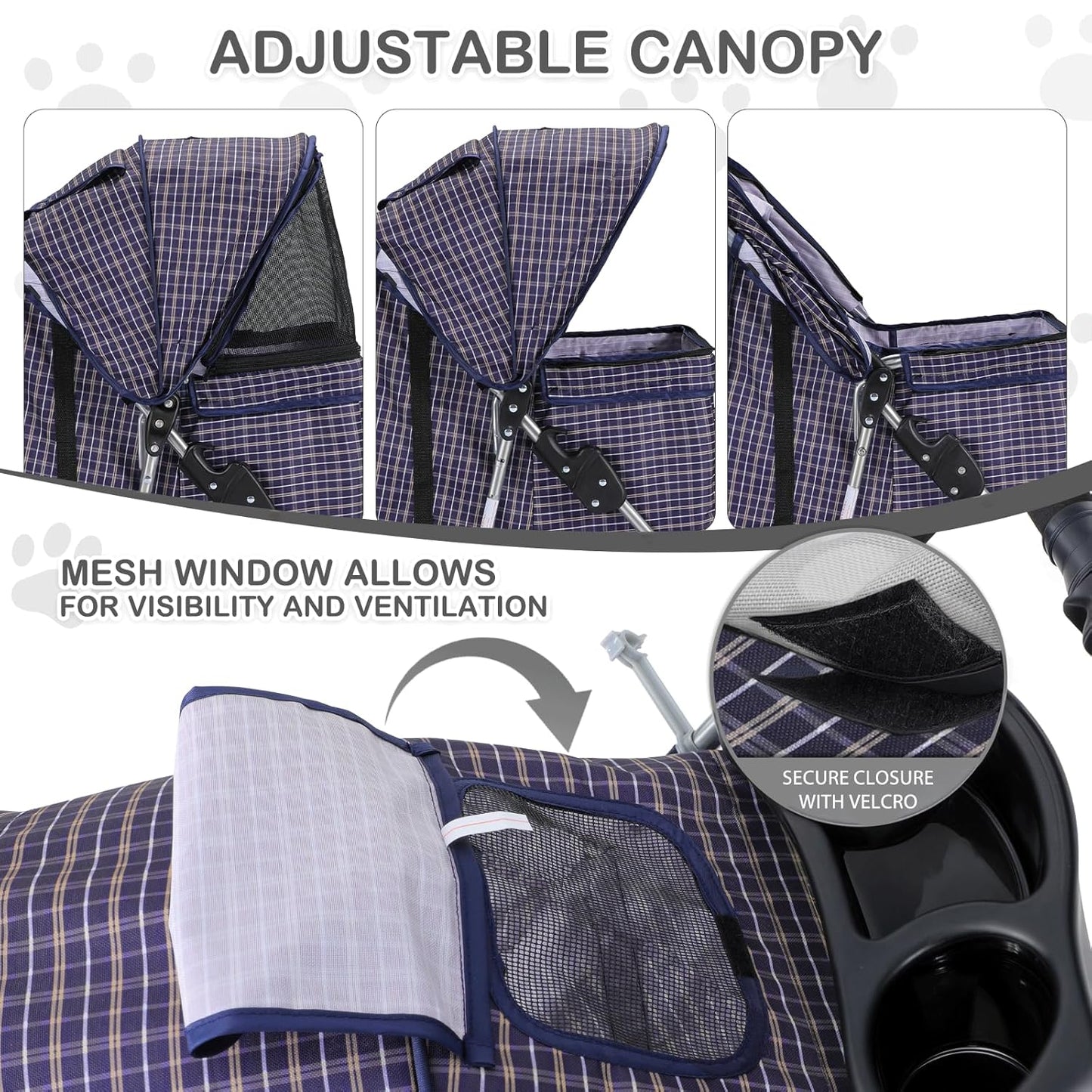 MoNiBloom 3 Wheels Pet Dog Cat Stroller for Small Medium Dogs Cats, Lightweight Foldable Jogger Stroller w/Storage Basket and Cup Holder, Plaid - Pawvie
