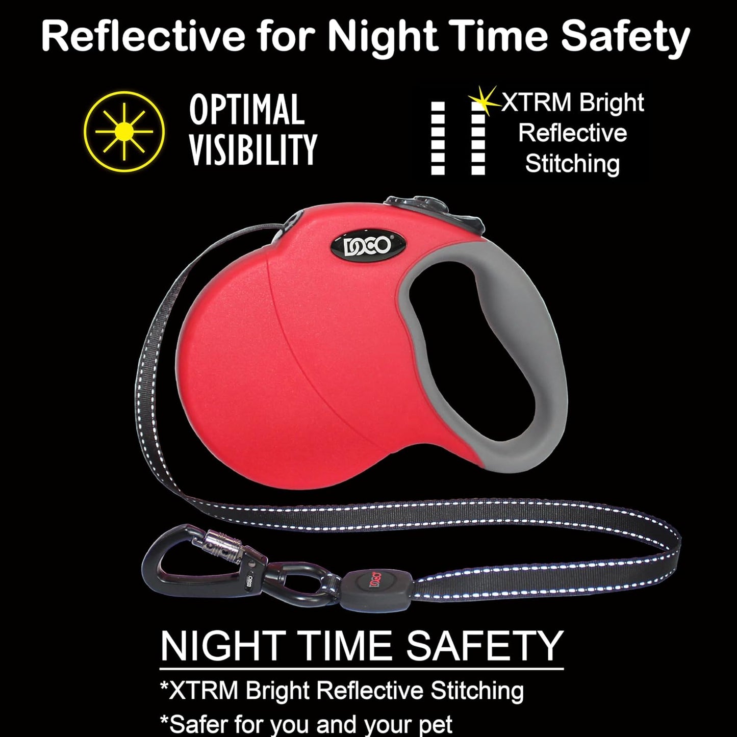 DOCO All Day Adventure Retractable Dog Leash with Stop-and-Lock Control, Reflective Tape, Anti-Slip Grip, Tangle-Free 360° Swivel Snap for Small, Medium, Large Dogs (Black/Small)