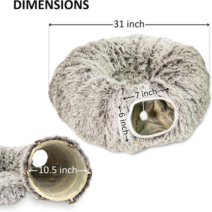 Cat Donut Bed with Washable Cushion – Cat Caves for Indoor Cats – Collapsible Donut Bed with Peekaboo Pet Tunnel Toy – Cozy Hideout for Kittens, Ferrets, Rabbits & Dogs - Brown