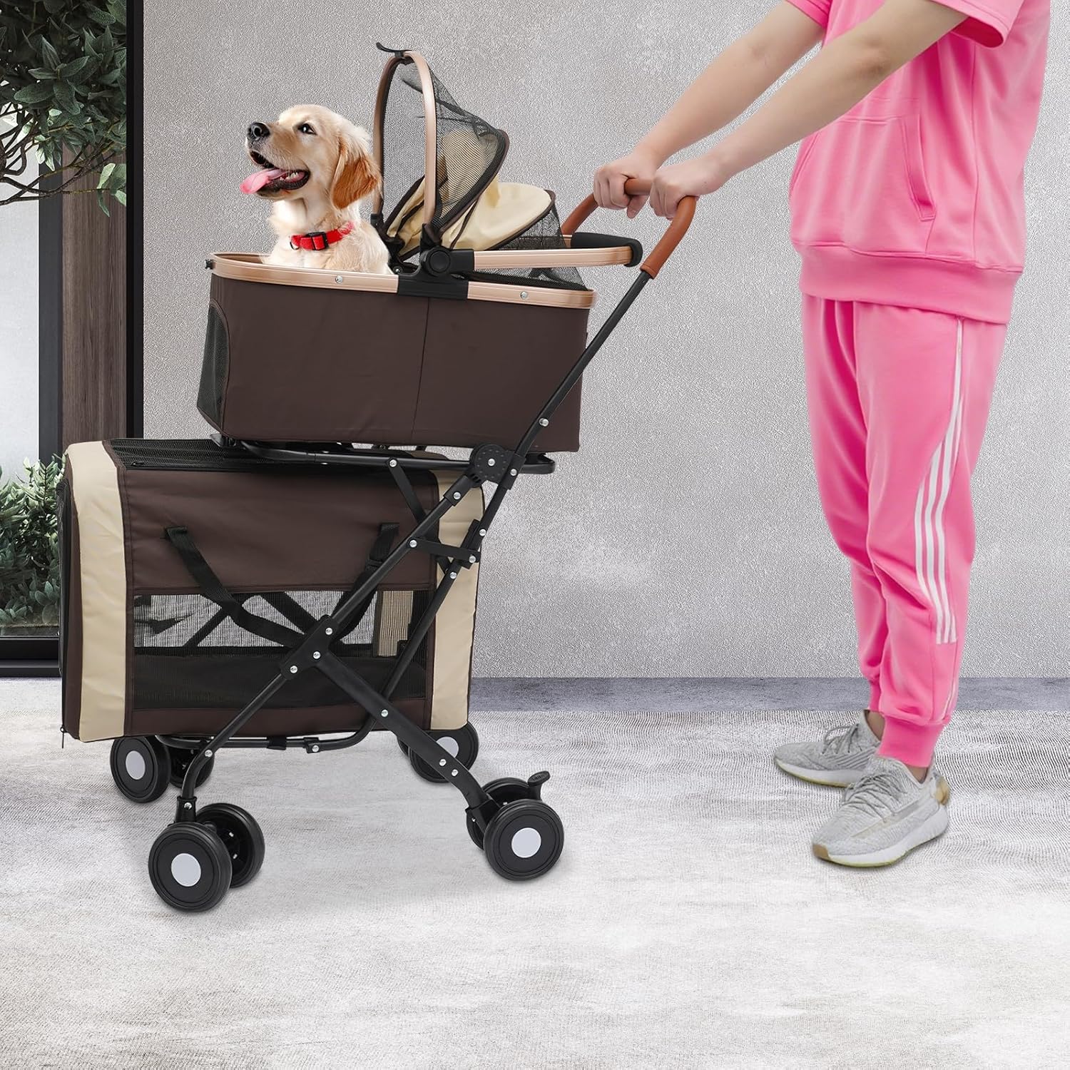 Double Pet Stroller for Dogs and Cats, Foldable Dog Stroller Travel Carriage with Detachable Carriers, Safety Belts, and 4 Lockable Wheels for Small to Medium Pets (Coffee Color) - Pawvie