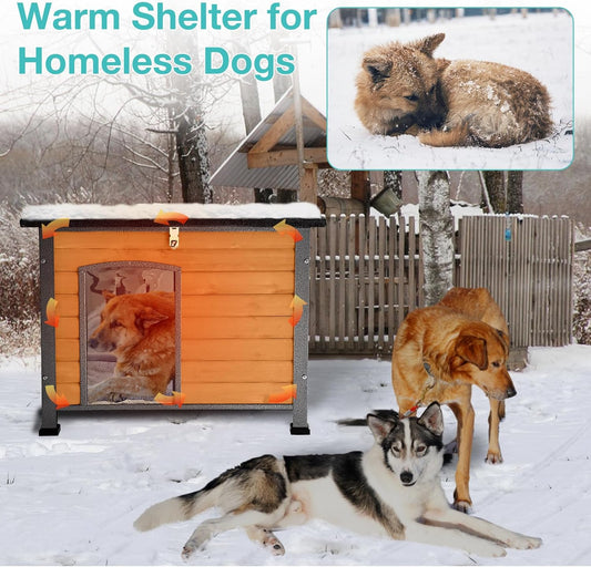 Feral Dog House Outdoor,Anti Bite Iron Frame Dog Kennel,Wood Warm Pets Home,Insulated Weatherproof Outside Shelter for Feral Animal (33.5"(L)×22"(W)×25.2"(H)-Brown-in)