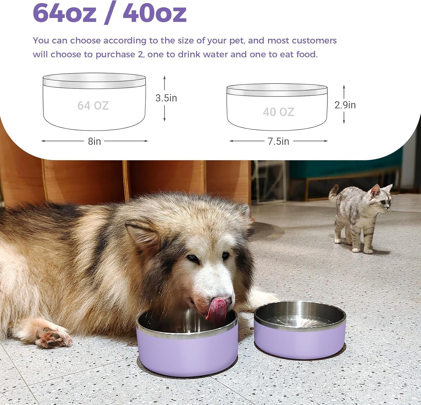 Dog Bowl, Stainless Steel Dog Food and Water Bowl with Non Slip Quiet Bottom, Easy to Clean, Dishwasher Safe, 64oz, Light Purple