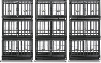 Homey Pet 3 Pack Three Tiers 43 inch Stackable Heavy Duty Dog Crate with Wheels, Indestructible Steel Dog Cage Kennel Indoor with Detachable Divider, Trays, Feeding Bowls, Escape Proof Locks
