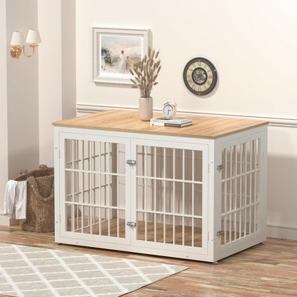 48 Inch Heavy Duty Dog Crate Furniture for Large Dogs, Decorative Pet House End Table, Extra Large Wooden Cage Kennel Furniture Indoor, Natural and White