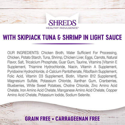 Wellness Healthly Indulgence Shreds Adult Wet Cat Food, Natural, Protein-Rich, Grain Free, 3 Ounce Pouch, 24 Pack, (Tuna & Shrimp)