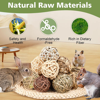 Bunny Chew Grass Balls, Rolling Chew Toys for Small Animals, Improving Dental Health, Natural Chew Grass Toys for Rabbits, Guinea Pigs, Chinchillas, Hamsters, Mice (16 Pcs)