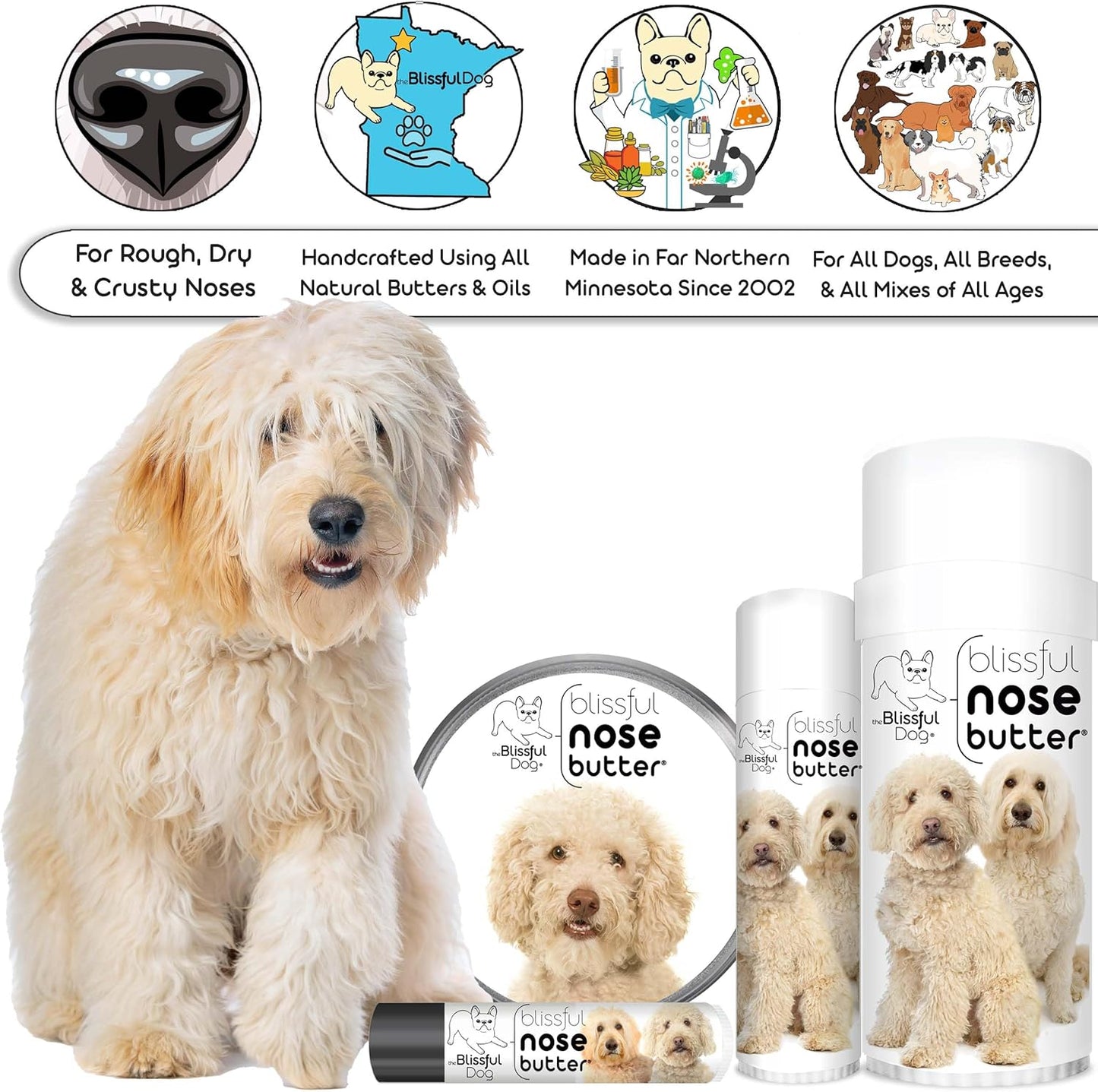 The Blissful Dog Golden Doodle Nose Butter for Dry, Cracked Skin, Lick-Safe Dog Nose Balm with Moisturizing Shea Butter, Almond, Olive, and Essential Oils, Pet Supplies, Uncented, 0.15 oz.