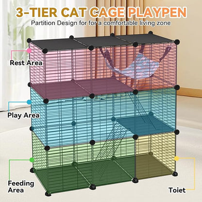 Cat Cage, 3-Tier DIY Catio Cat Enclosures, 36" x 16" x 36" Cat Playpen Indoor & Outdoor with Hammock, Detachable Metal Wire Kennel Cats Crate, 3x1x3 Exercise Place for 1-2 Kitten/Squirrel