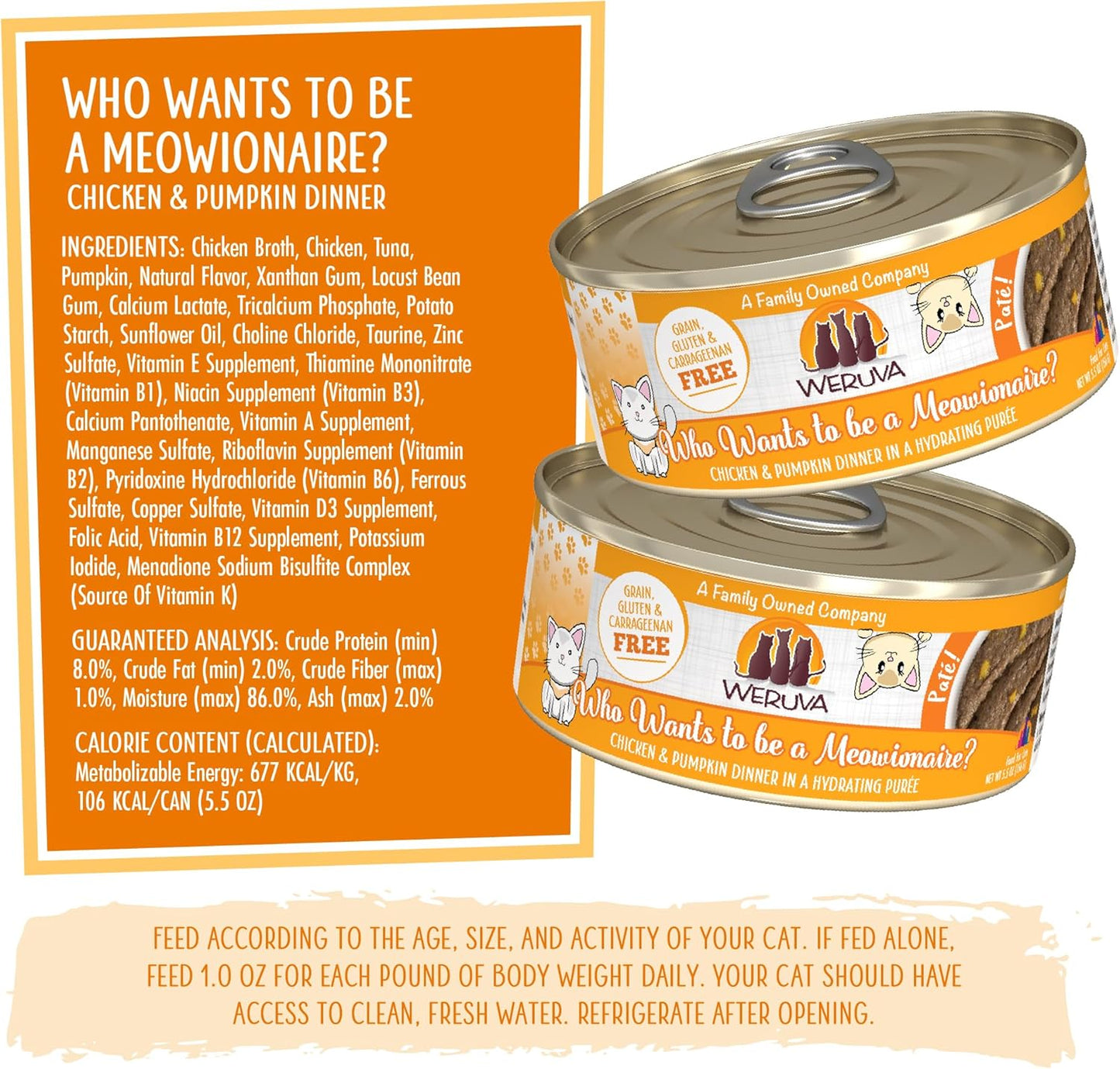 Weruva Classic Cat Paté, Who Wants to be a Meowionaire? with Chicken & Pumpkin, 5.5oz Can (Pack of 8)