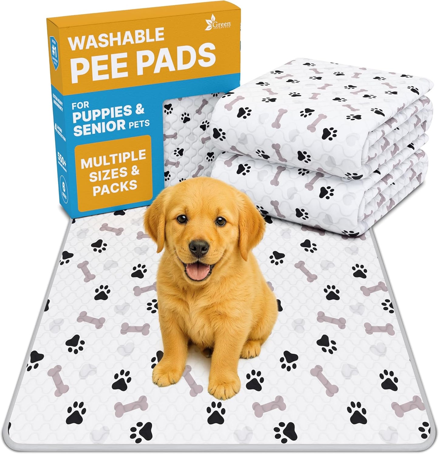 GREEN LIFESTYLE Washable Pee Pads for Dogs - Waterproof Reusable Puppy Pads with Anti-Slip Backing, Pet Training Pad for Puppy Playpen, Crate, Whelping Box, Potty Training (Pack of 2 - 34x36)