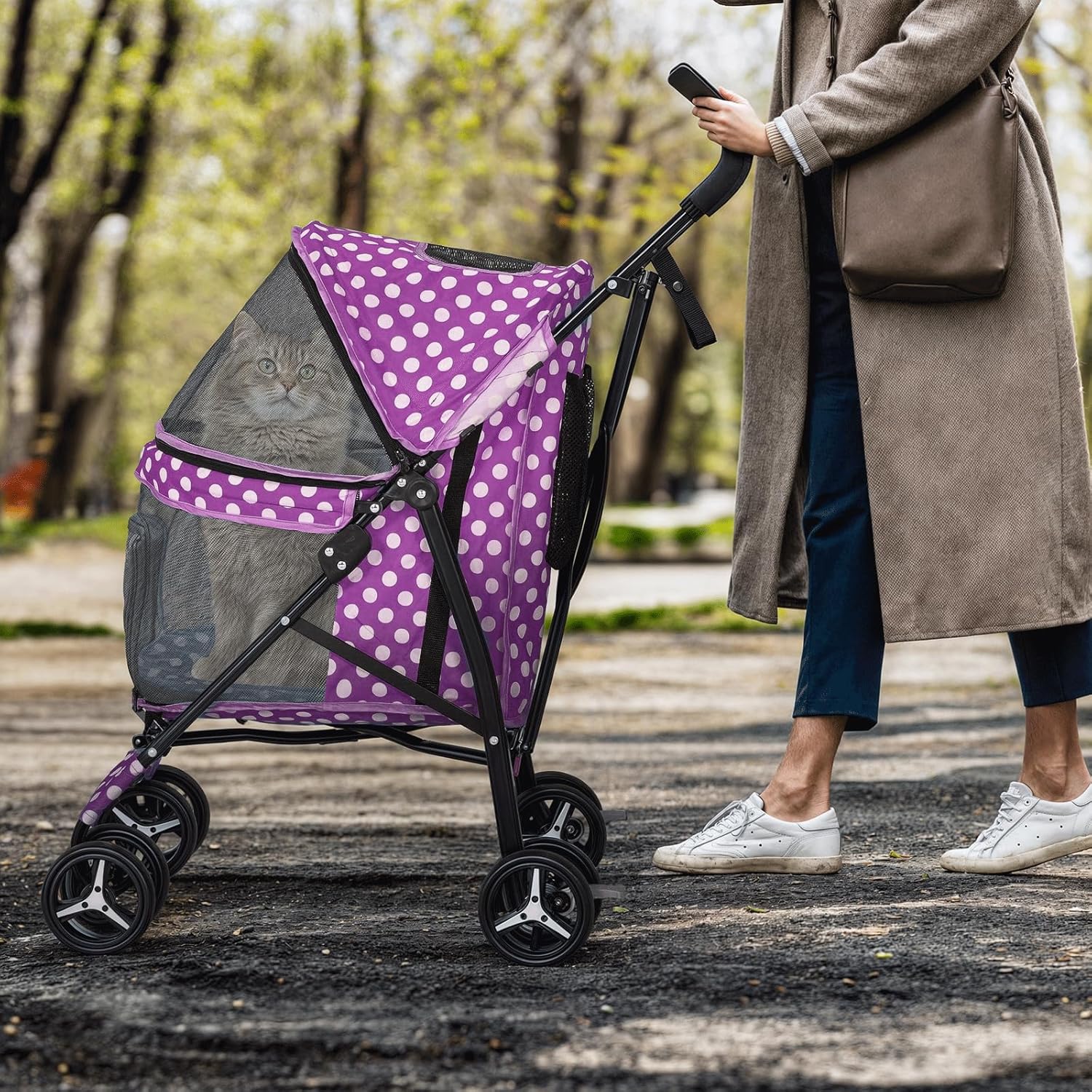 MoNiBloom 4 Wheels Pet Stroller, Easy-Fold Umbrella Shaped Dog Cat Jogger Stroller w/Storage Bag & Visible Mesh for Small/Medium Dogs Cats Purple Polka Dots - Pawvie
