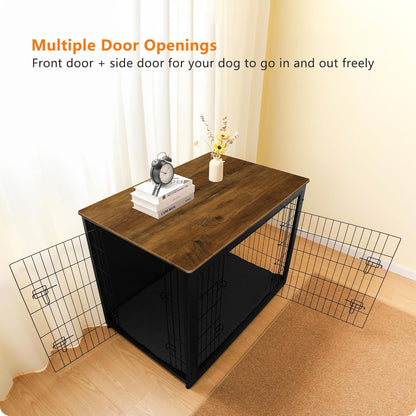 DWANTON Dog Crate Furniture with Cushion, Wooden Kennel Table with Double Doors, Indoor Dog House, Extra Large Size, 43.3" L, Black+Warm Brown