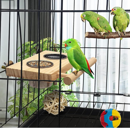 Tfwadmx Bird Feeding Dish Cups with Wooden Platform Hanging Stainless Steel Parrot Cage Feeder Bowl Wood Perch Stand for Parakeet Cockatiels Lovebirds Budgie (Small)