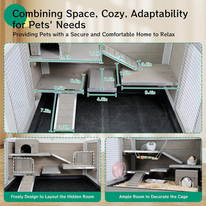 PetsCosset Guinea Pig Cages Hamster Cage Indoor with Stand Storage Wooden Outdoor Small Animals Habitat with Hideout House Pull Out Tray