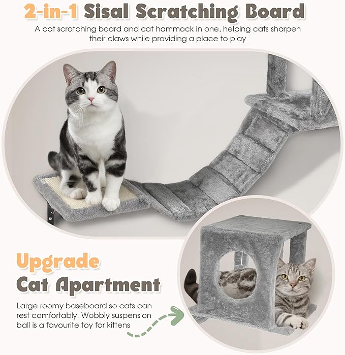 NUNU LAB Wall Mounted Cat Wall Shelves, 14-in-1 Cat Wall Climber with Bridge, Tunnel, House, Scratcher, Steps, Indoor Space-Saving Furniture for Kittens Play, Gray