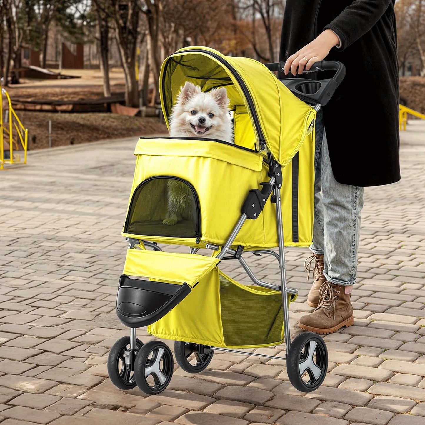 MoNiBloom Foldable Pet Stroller with Waterproof Cover, 3-Wheels Dog Strolling Cart for Small/Medium Dogs and Cats with Storage Basket and Cup Holder, Breathable and Visible Mesh for All-Season, Yellow - Pawvie