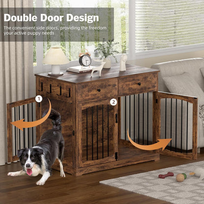 40 Inch Furniture-Style Dog Crate-Multipurpose Wood Pet Crate Furniture with Double Doors,2 Drawers, Decorative Dog House Indoor for Smal/Medium Dogs, Brown Finish