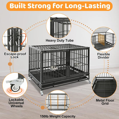Homey Pet 43 Inch Heavy Duty Dog Crate Cage Kennel for Medium Dogs with Three Door, Divider, Removable Grid & Tray, 4 x Lockable Wheels, 2 x Bowls, Stackable Drop Cages for Breeders, Groomers