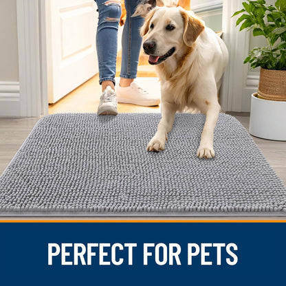 OLANLY Dog Door Mat for Muddy Paws 47x17, Absorbs Moisture and Dirt, Absorbent Non-Slip Washable Doormat, Quick Dry Chenille Mud Mat for Dogs, Entry Indoor Entryway Carpet for Inside Floor, Light Grey