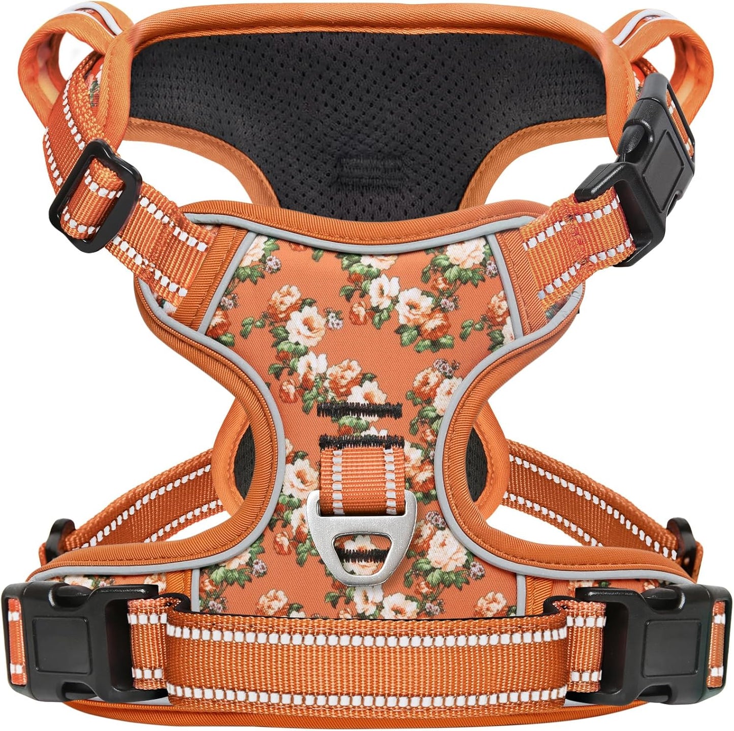 Timos Dog Harness, No Pull Dogs Harness 3 Snap Buckles Adjustable Reflective No Choke Pet Vest for Small Dog with Soft Padded Control Training Handle for Outdoor Training,Flower Orange, S