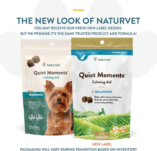 NaturVet Quiet Moments Calming Dog Supplement, Dog Soft Chews with Melatonin to Help Reduce Stress from Storms, The Vet, Fireworks, and Travel, Bacon and Chicken Flavored Pet Supplement, 65 Count