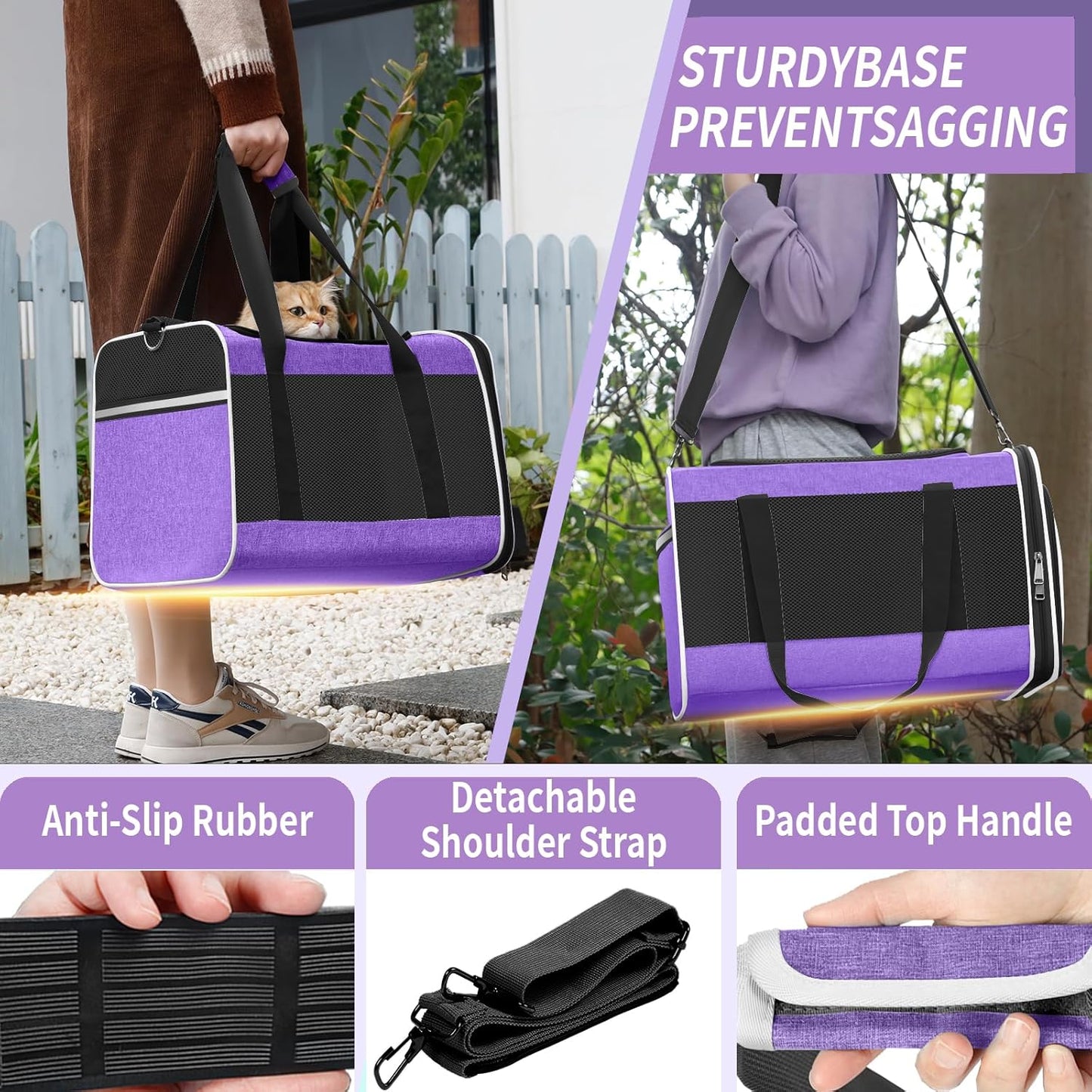Pet Carrier for Large Cat 20 lbs+ / Soft Sided Small Dog 12 Pounds Travel Crate Top Load/Collapsible Kitty Carry Bag Big Kitten Mesh/Sturdy Animal Transport cage Kennel Long Trips Purple - Pawvie