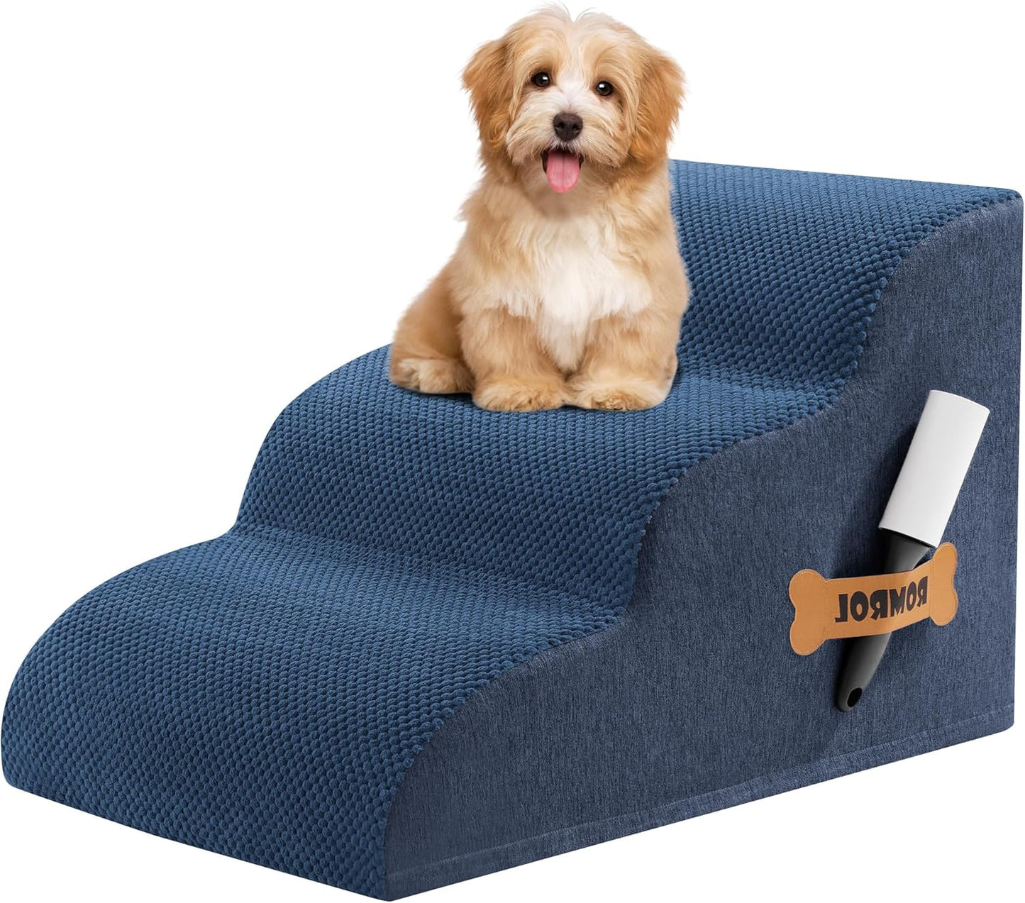 Romrol Dog Stairs Ramp for High Beds Couches, High Density Foam Pet Steps with Durable Non-Slip Waterproof Fabric Cover, Dog Stairs for Small Dogs or Cats or Pets, 3-Step,15 Inch,Dusty Blue - Pawvie