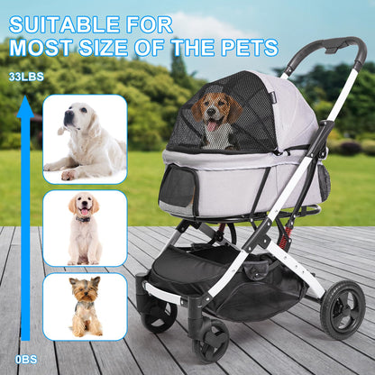 Pet Stroller for Medium Small Dog & Cat, Foldable Lightweight Dog Stroller with Storage Basket Pet Travel Carriage with Safety Leashes, 4 Wheel, Gray