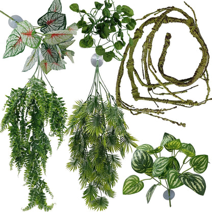 Reptile Plant for Bearded Dragon Tank Accessories, Terrarium Plant Artificial Decor for Snake Cage, Fake Plant for Leopard Gecko Habitat, Lizard Chameleon Ball Pythons (Group E)