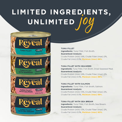 Reveal Natural Wet Canned Cat Food, Limited Ingredient, Grain Free, Protein with No Artificial Additives, Fish Variety in Broth (20 x 2.47 oz Cans)