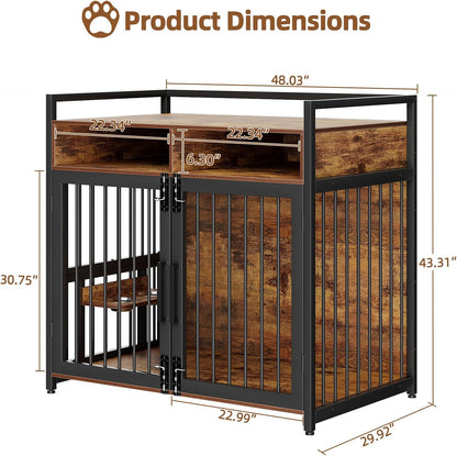 Furniture Style Dog Crate with Storage, 48 Inch Dog Crate Furniture with Double Doors, 2 Stainless Steel Bowls, Dog Crate Furniture-Style Crate for Large/Medium Dog