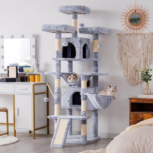 Hey-brother Cat Tree, 71 inches XL Large Cat Tower for Indoor Cats, Multi-Level Cat House with 3 Padded Perches, Big Scratcher, Cozy Basket, 2 Cat Condos and Scratching Posts,Pewter MPJ034PE