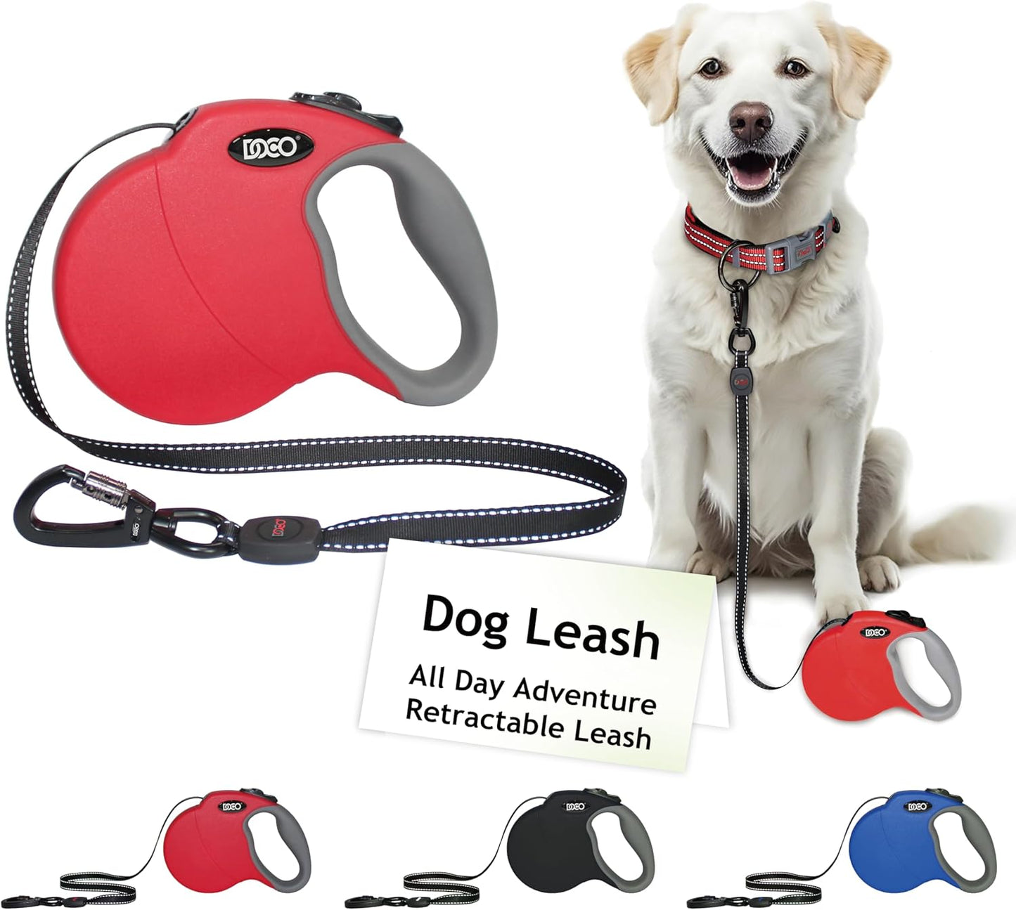 DOCO Retractable Dog Leash for Large Dogs (Length - 16’, Weight - Upto 110lb) Reflective Tape Lead with Stop and Lock Control, Tangle Free 360° Swivel Snap & Anti-Slip Grip (Red, Large)