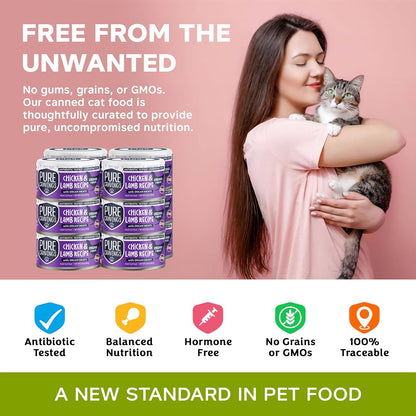 Chicken and Lamb Recipe in Broth, Shredded Wet Cat Food, Grain-Free Protein, Non-GMO, 12 Pack