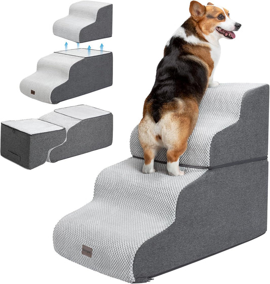 Dog Stairs for High Beds, 4-Step Dog Steps for Small Dogs and Cats, Foldable Pet Stairs for High Bed Climbing, Non-Slip Balanced Pet Step Indoor, Light Grey - Pawvie
