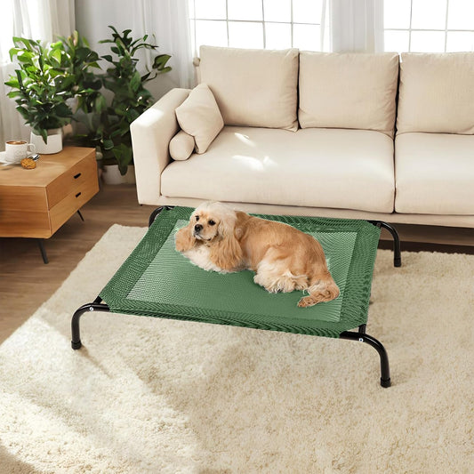 Cooling Elevated Dog Bed with Non-Slip Floor Protectors & Breathable Mesh, Raised Indoor & Outdoor Dog Cot Hammock, 34" L x 25" W x 8" Th, Small, Green