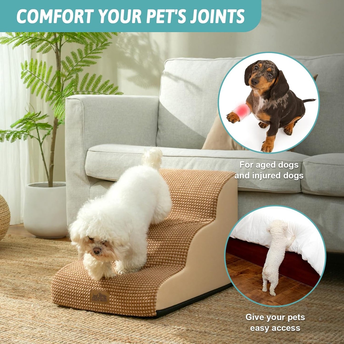 Dog Stairs for Small Dogs 15.7" H, Curved Dog Step for Puppy, Older Cat, Medium Pet Ramp for Sofa, Couch or Chair, Ladder with High Density Foam, 15.7x22.4x15.7 inch, 3 Step, Light Brown - Pawvie