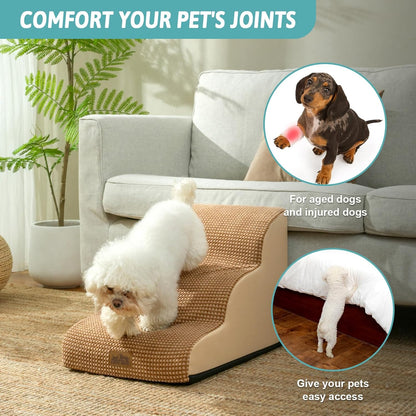 Dog Stairs for Small Dogs 15.7" H, Curved Dog Step for Puppy, Older Cat, Medium Pet Ramp for Sofa, Couch or Chair, Ladder with High Density Foam, 15.7x22.4x15.7 inch, 3 Step, Light Brown - Pawvie