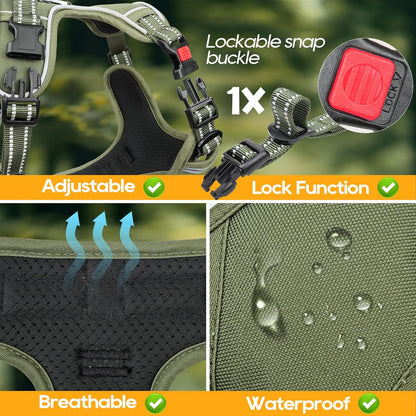 Timos Dog Harness Large Sized, No Pull Pet Harness with Neck Lockable Snap,No Choke Front Clip Dog Reflective Vest,Adjustable Metal Rings 3 Buckles,Easy Control Handle for Large Dogs Green L