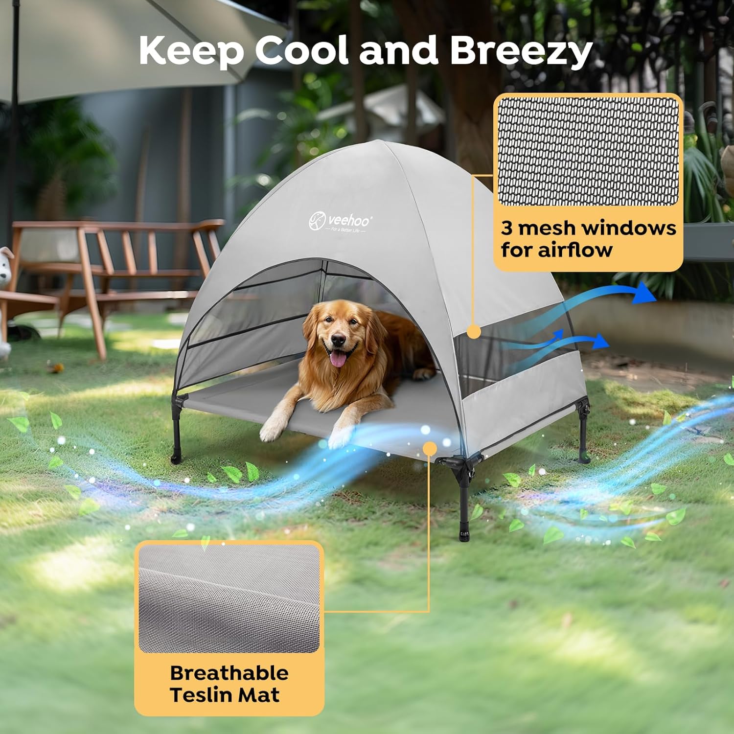 Veehoo Outdoor Dog Bed with Canopy, Cooling Elevated Pet Cot with Removable Shade, Non-Slip Feet, Raised Dog Cot for Large Dogs, Pet Tent Bed for Camping, Beach, Large, Grey, CWC2411 - Pawvie