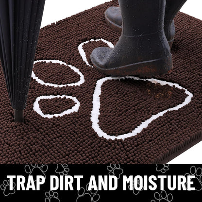 Smiry Dog Door Mat for Muddy Paws, Absorbent Dirt Trapper Non Slip Quick Dry Washable Chenille Mat for Mud Dogs, Entry Rug for Indoor and Outdoor (48x30 Inches, Brown and White)
