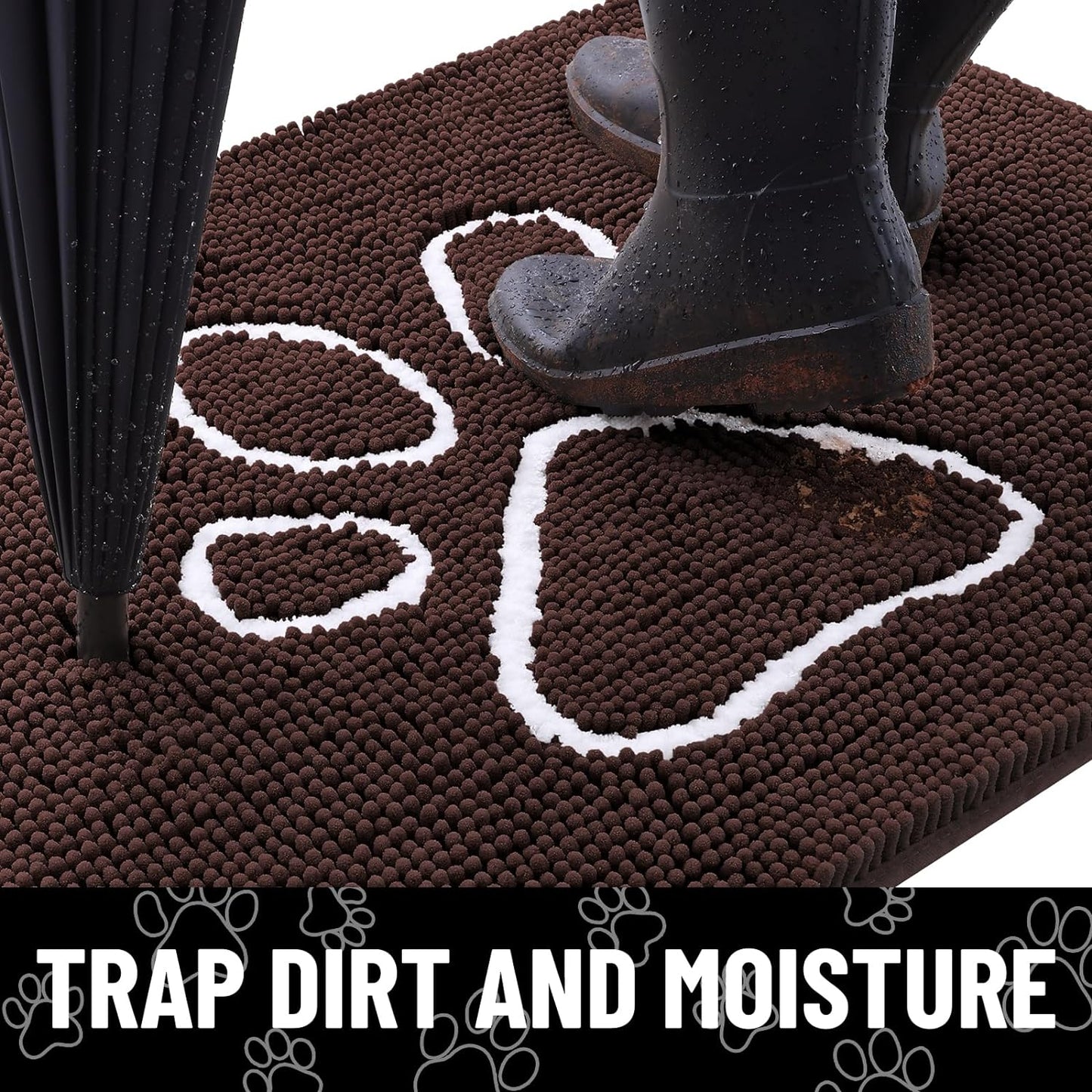 Smiry Dog Door Mat for Muddy Paws, Absorbent Dirt Trapper Non Slip Quick Dry Washable Chenille Mat for Mud Dogs, Entry Rug for Indoor and Outdoor (59x35 Inches, Brown and White)