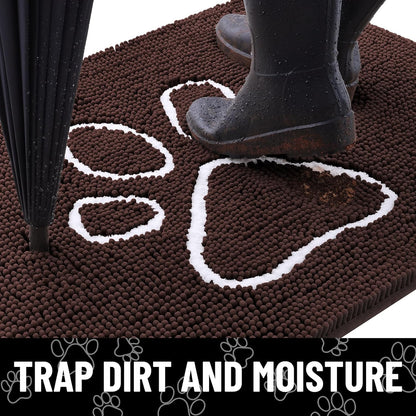 Smiry Dog Door Mat for Muddy Paws, Absorbent Dirt Trapper Non Slip Quick Dry Washable Chenille Mat for Mud Dogs, Entry Rug for Indoor and Outdoor (47x24 Inches, Brown and White)
