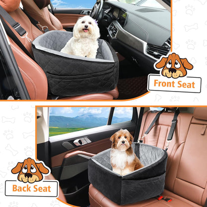 Dog Car Seat for Small Dogs,Detachable Washable Dog Booster Seat Under 30lbs, Pet Car Seat Travel Bed with Storage Pockets and Dog Safety Belt (Black/Grey) - Pawvie