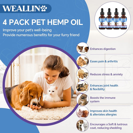 Hemp Oil for Dogs and Cats - Omega-3, 6, 9 Rich Organic Extract - Eases Pet Anxiety, Pain, Skin & Coat Health - Stress Relief, Hip & Joint Support - Calming Treats (4 Pack)