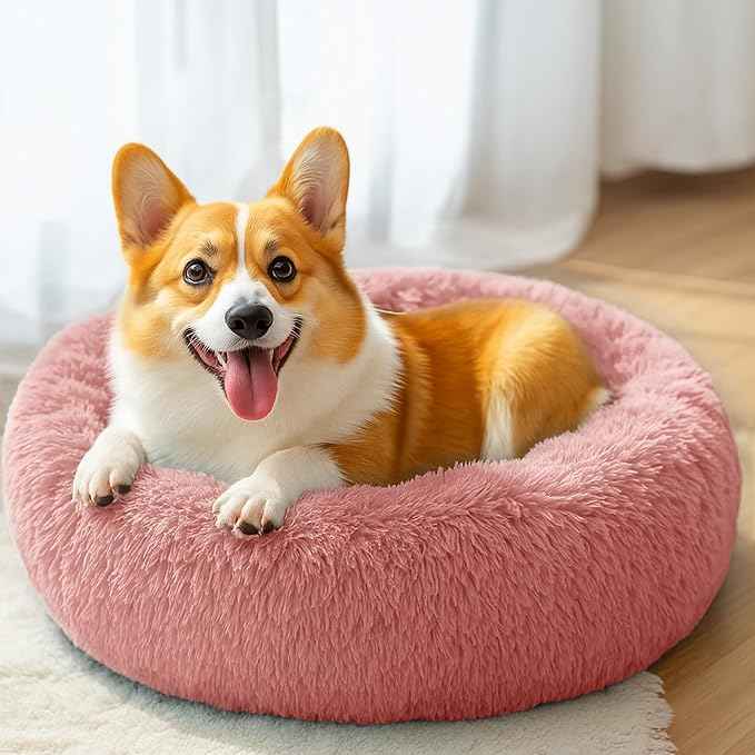 28in Large Dog Bed, Medium Size Dog and Cats, Calming Donut Bed for Puppy and Kitten, Washable Round Fluffy Pet Bed (Pink)